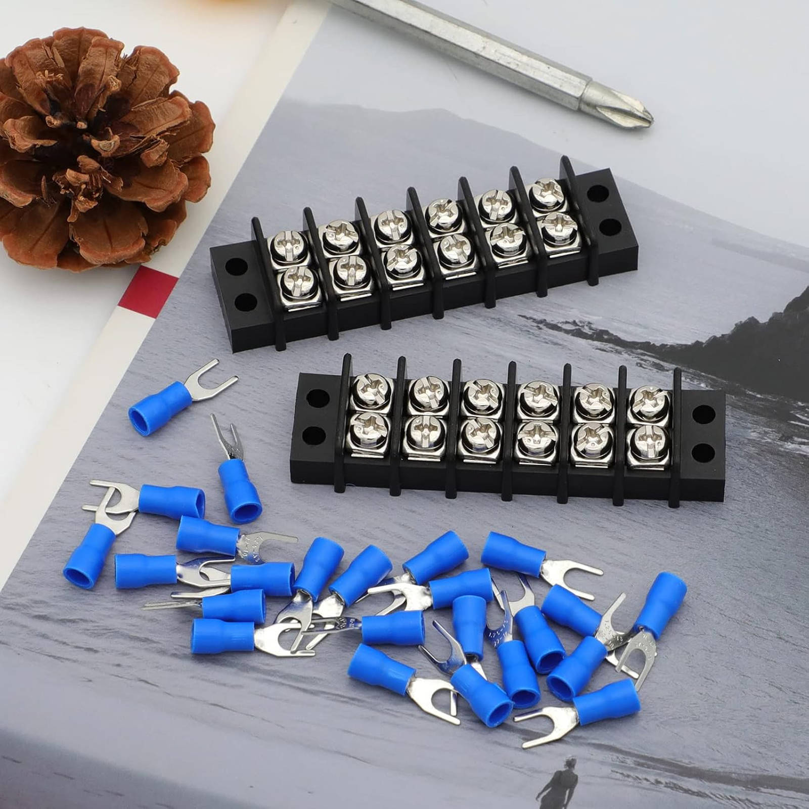Terminal Block,2 Pack 6 Circuits 20-30A 200v-450v Dual Row Screw Terminals Strip