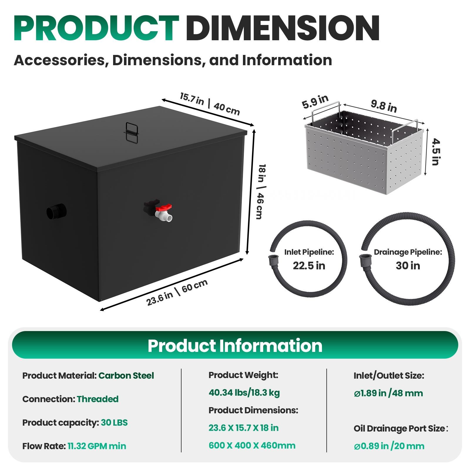 30LB Commercial Under Sink Grease Trap, 11.32 GPM, w/ Removable Mesh Filter