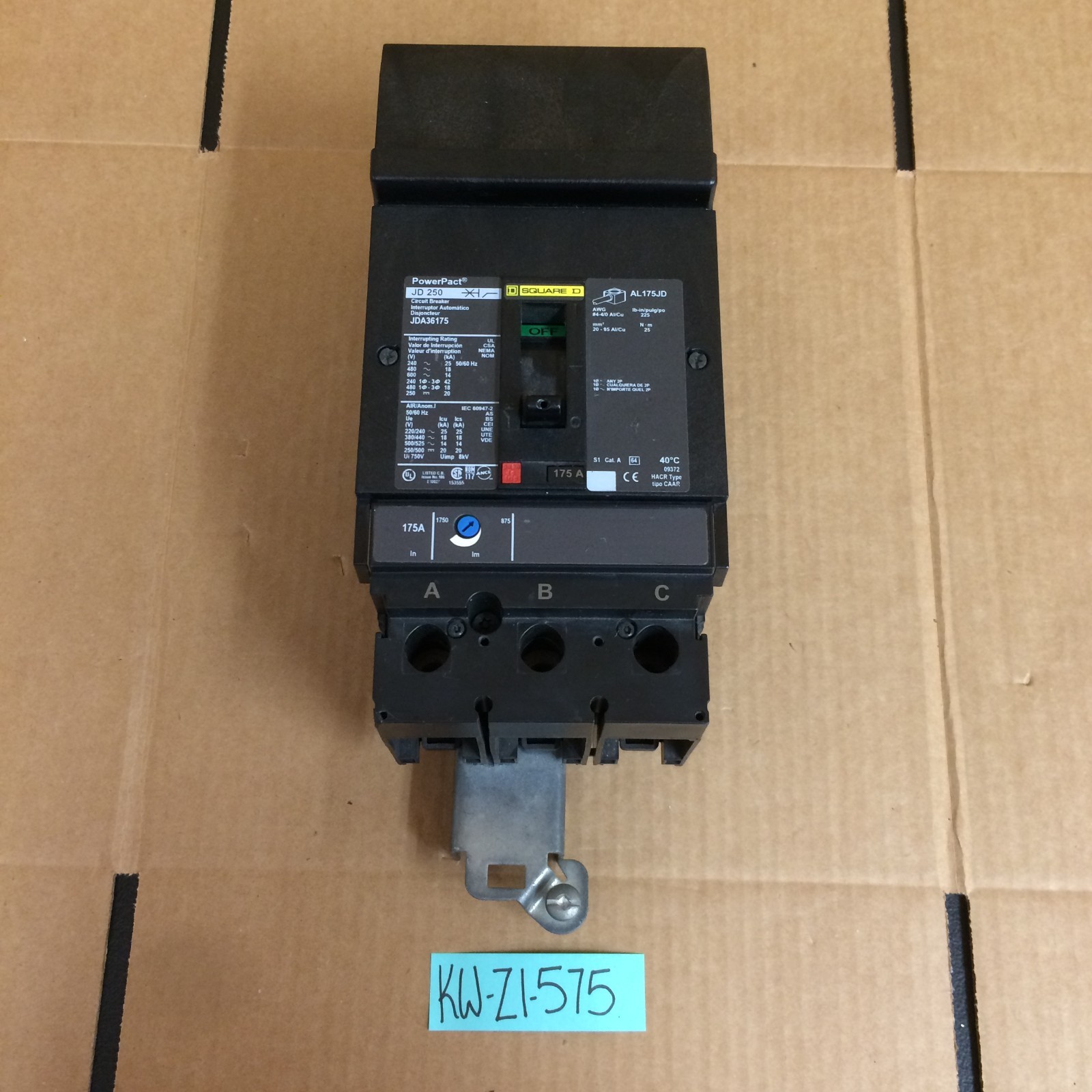 SQUARE D JDA36175 175A 3-PHASE 3-POLE 600V I-LINE POWERPACT J CIRCUIT BREAKER