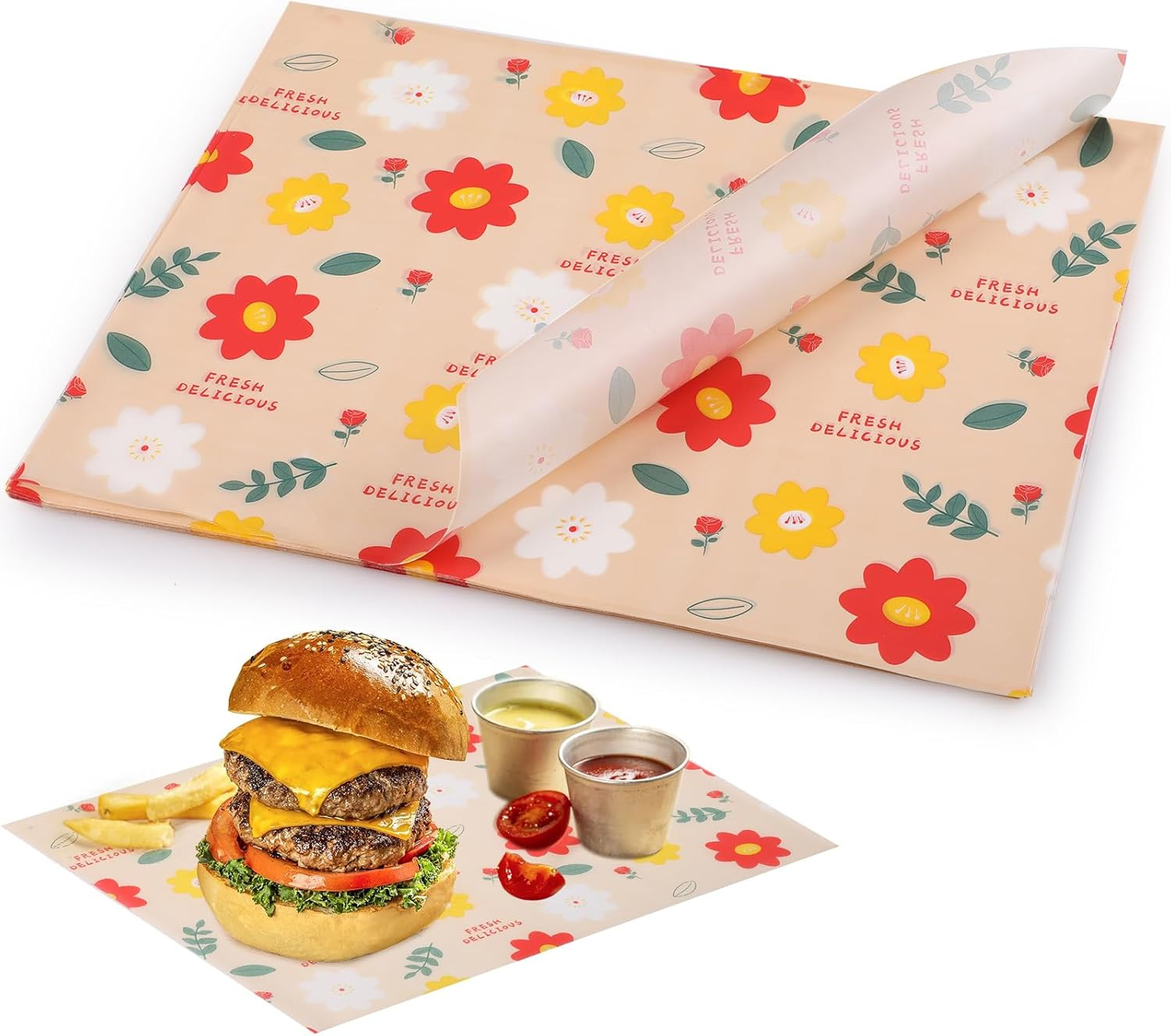 100 Pcs Waxed Deli Paper Sheets Food Basket Liners Sandwich Wrap 11×15 Floral