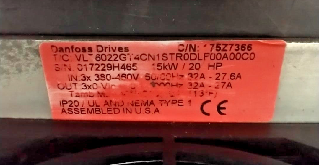 Danfoss 175Z7366 AC Dr. VLT 6000 HVAC 15kW 20HP 460V VLT6022GT4CN1STR0DLF00A00C0