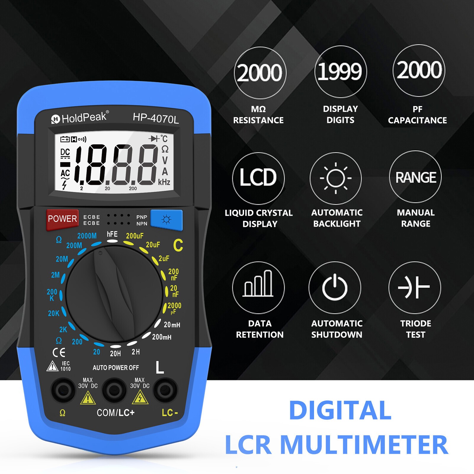 Digital LCR Multimeter, Capacitor Tester, Inductance Meter hFE Ohm Tool LCD US