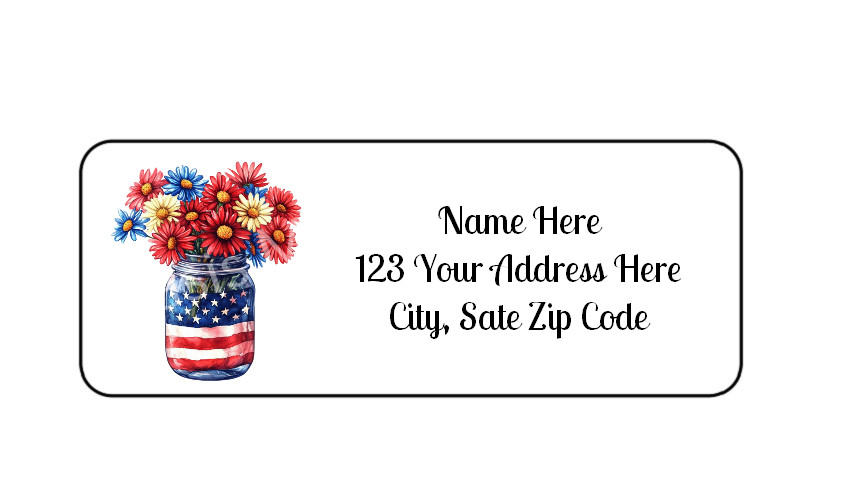 30 Patriotic Mason Jar PERSONALIZED RETURN ADDRESS LABELS 1 in X 2 5/8 GLOSSY