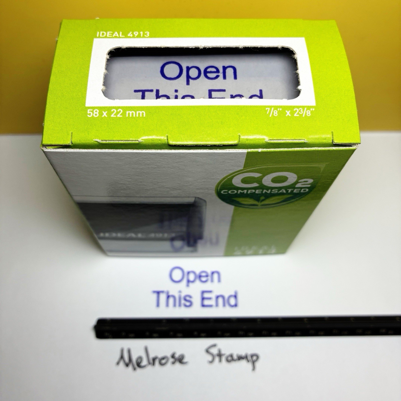 Open This End Rubber Stamp Purple Ink Self Inking Ideal 4913