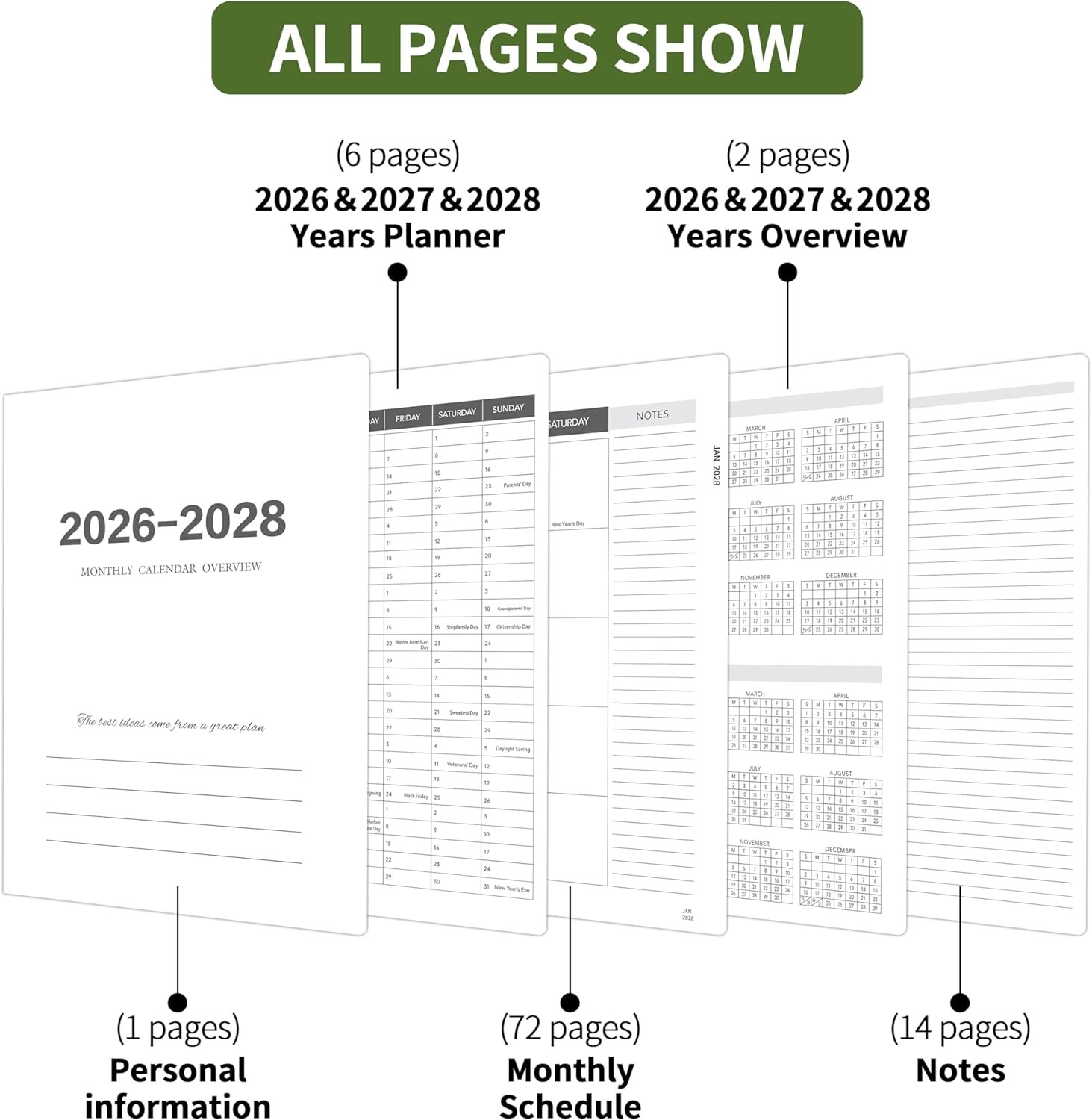 2026-2028 3 Year Monthly Planner 36 Months Spiral Bound 8.5×11 Green Notes
