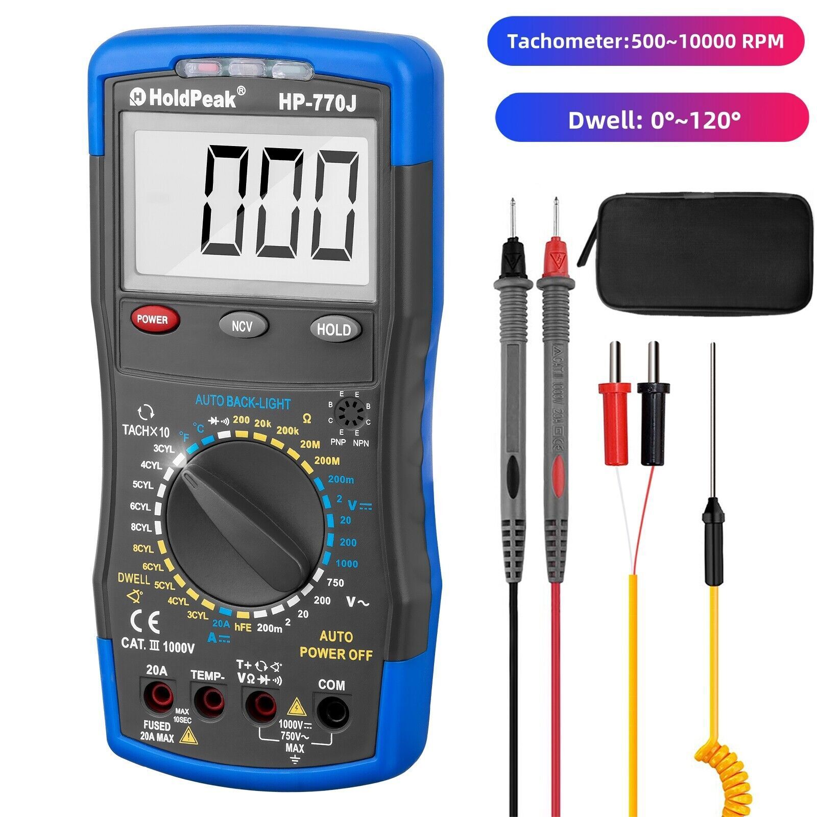 Automotive Multimeter Engine Analyzer Tacho Dwell Meter 50~10000 RPM 4/5/6/8CYL