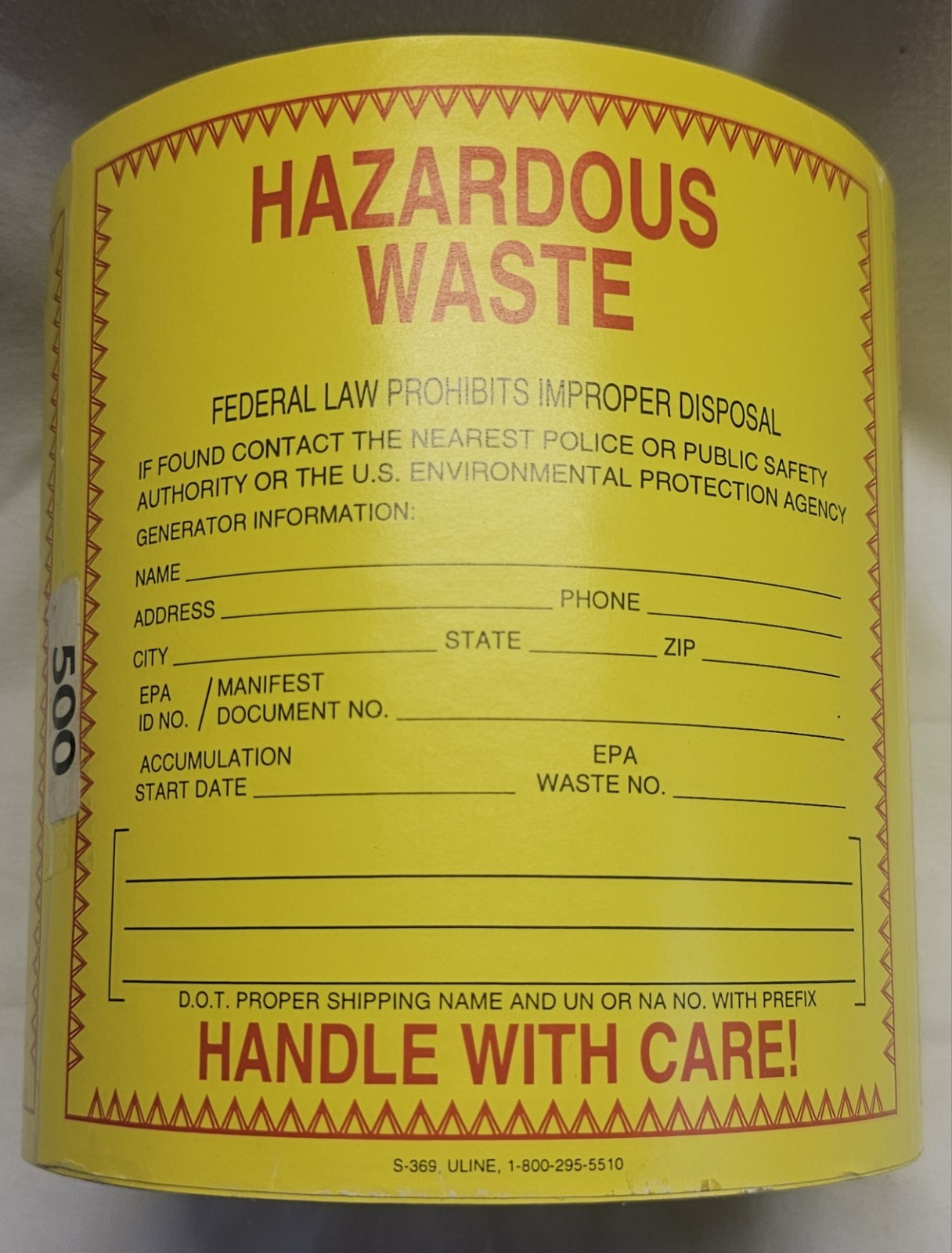 Uline S-369 Vinyl Hazard Labels Hazardous Waste 6″×6″ Adhesive Stickers Roll 500