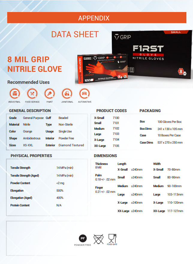 First Glove Volt Orange Nitrile Disposable Gloves 8 Mil Raised Diamond Texture