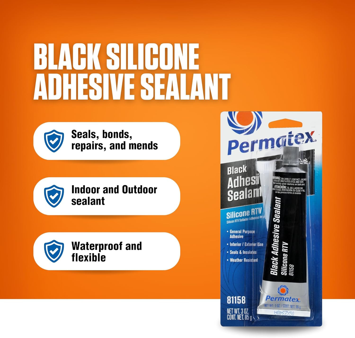 81158 Black Silicone Adhesive Sealant, 3 Oz. Tube, Pack of 1