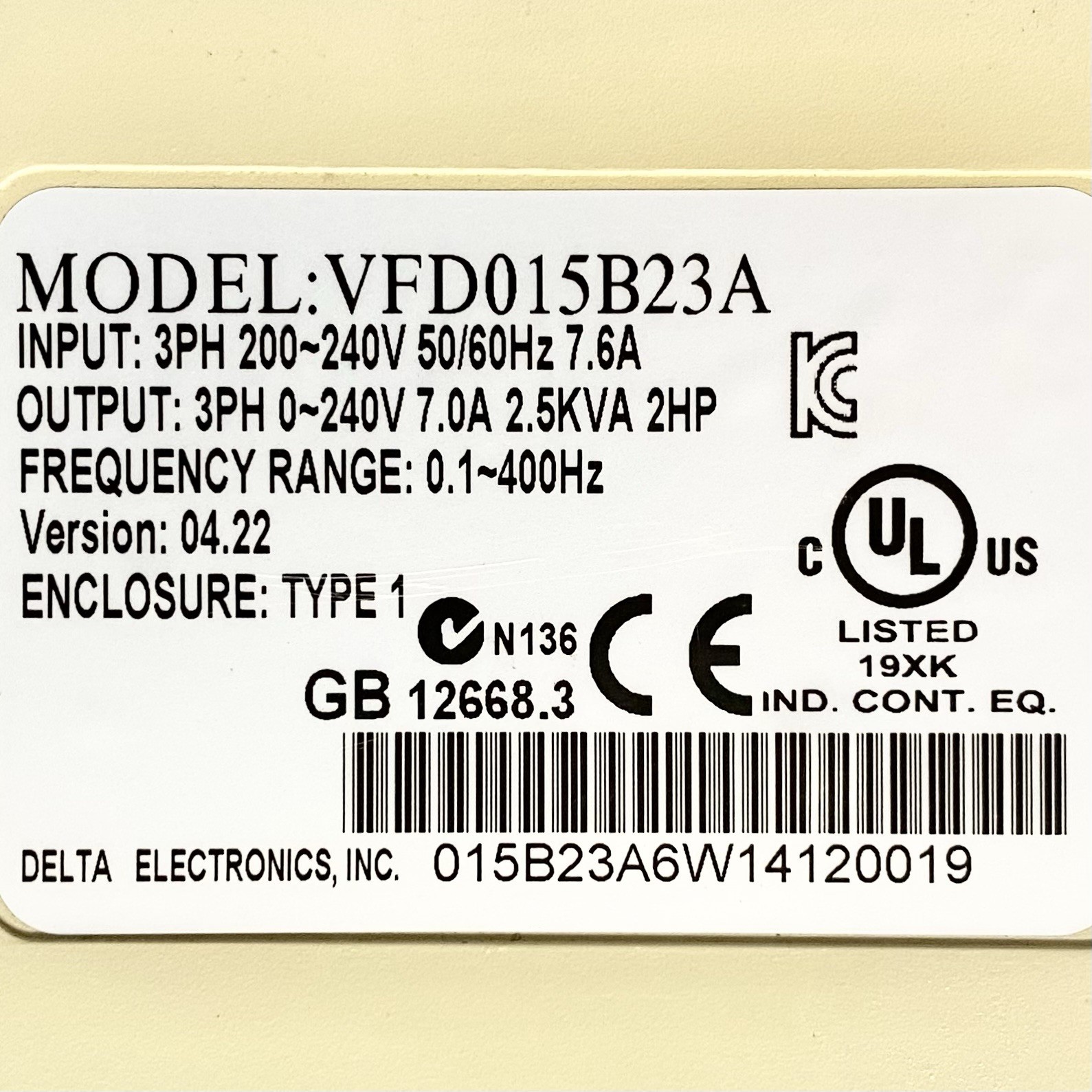 Delta VFD015B23A VFD-B 2HP 200-240V 7.6A Variable Frequency AC Drive USA