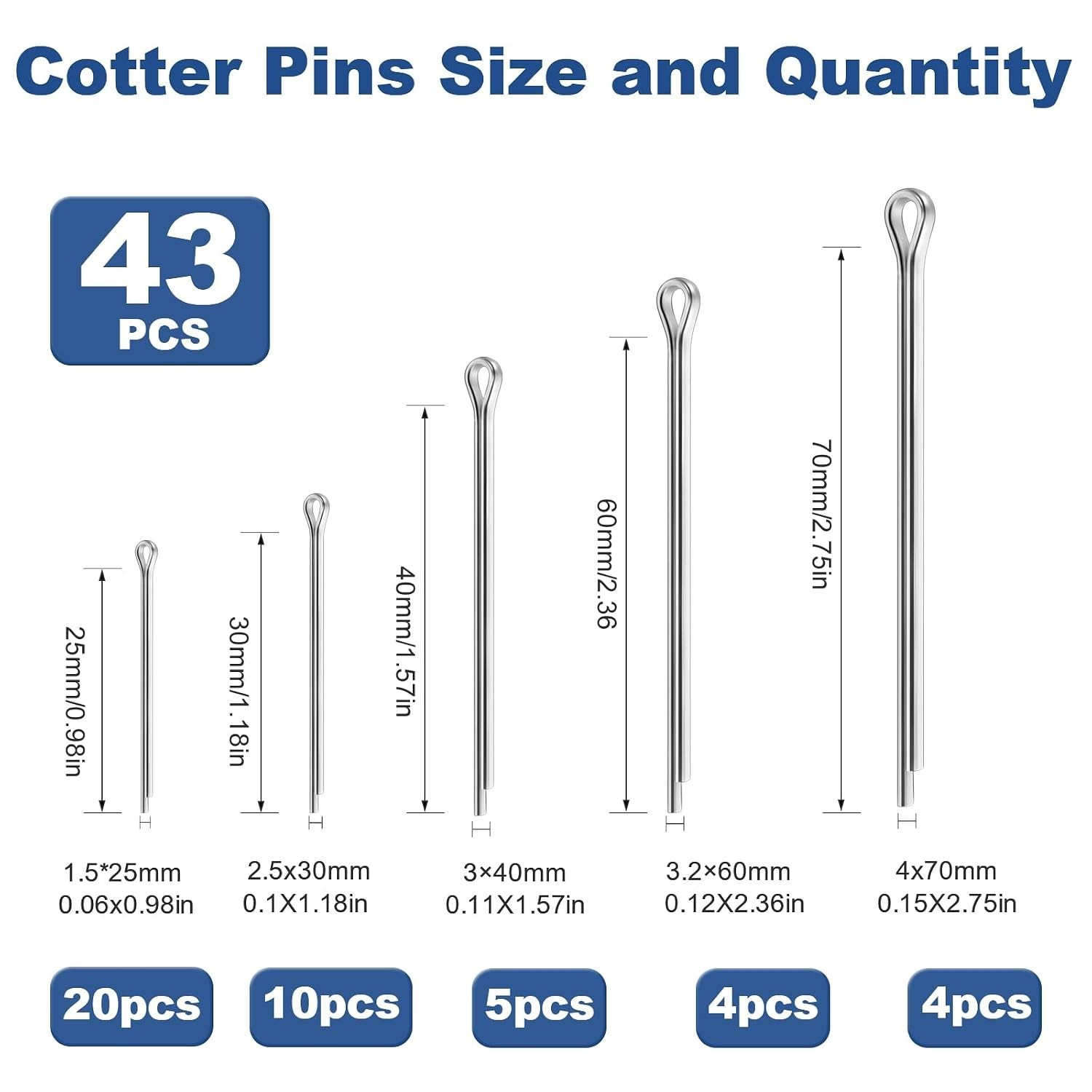 86 PCS Cotter Pin Assortment Kit, 10 Sizes Stainless Steel Cotter Pins & R Clips