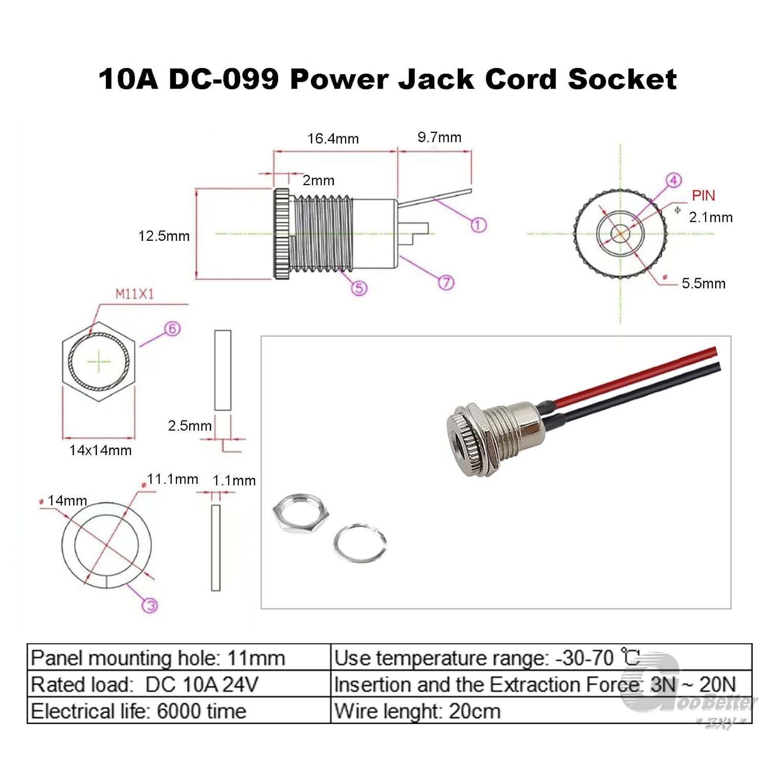 DC Female Panel Mount Power Supply Jack Socket Plug Connector 2.1/2.5 With cable