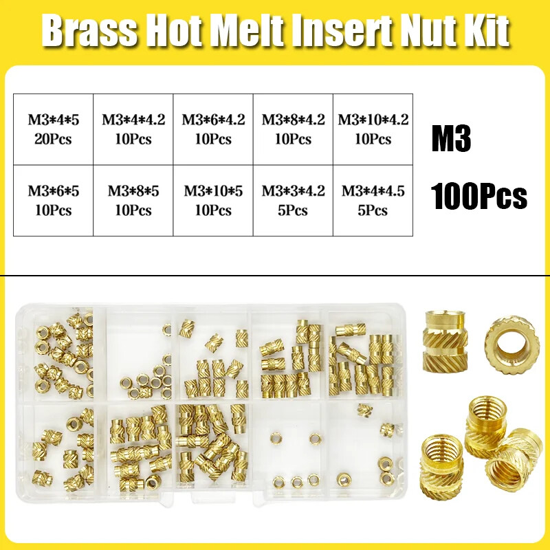 Brass Threaded Insert Nut Kit M2 M2.5 M3 M4 M5 M6 M8 Hot Melt Heat Knurled Embed