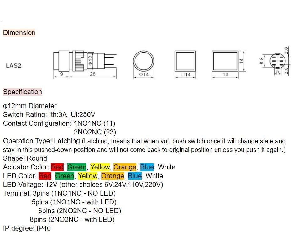 12mm 1NO 1NC/2NO 2NC Momentary Round Plastic Push button Switch (LAS2Y) CE ROHS