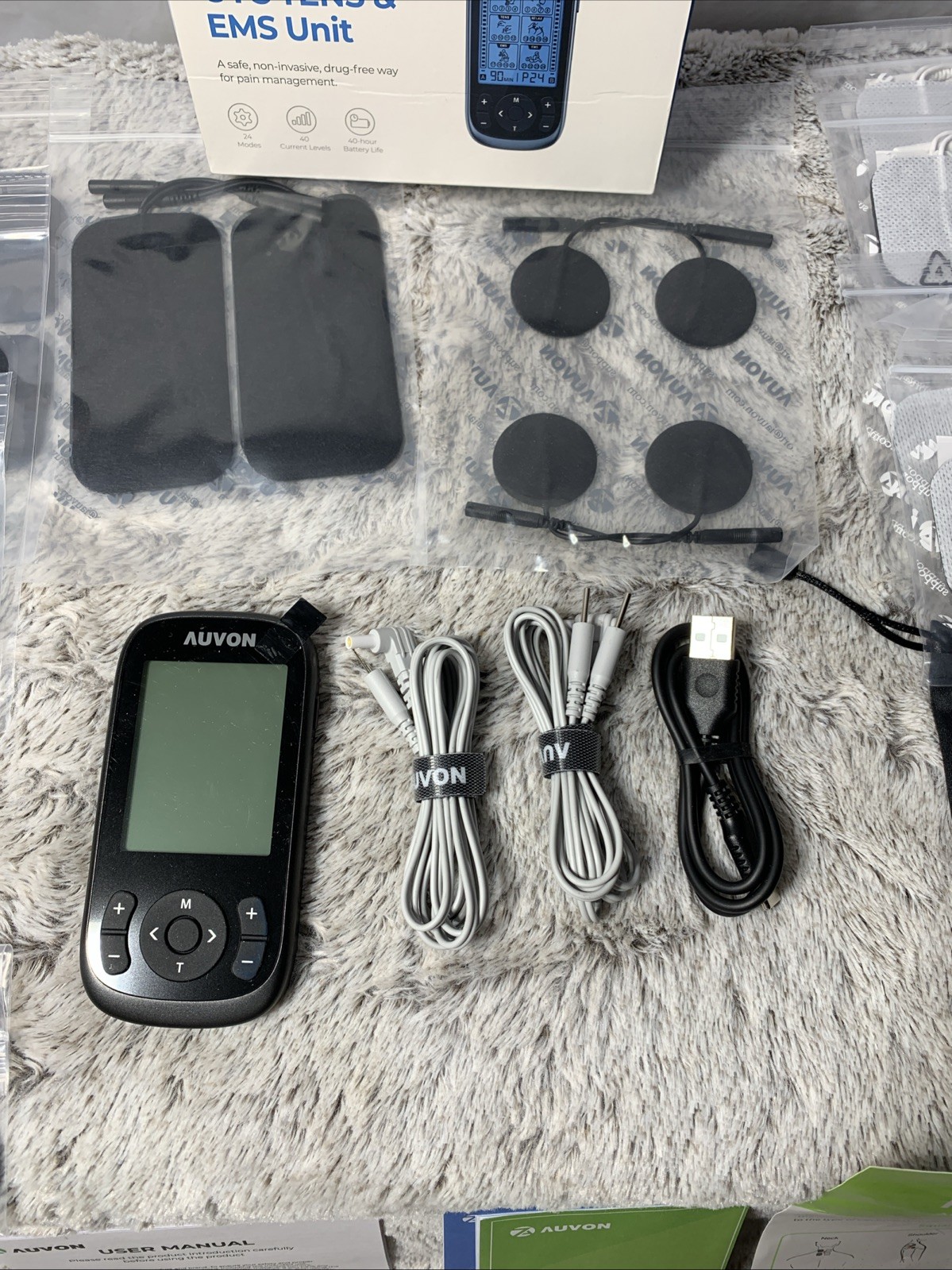 Auvon OTC TENS & EMS Unit 40-Hour Battery Model TA2224 Rechargeable 12 TENS Pads