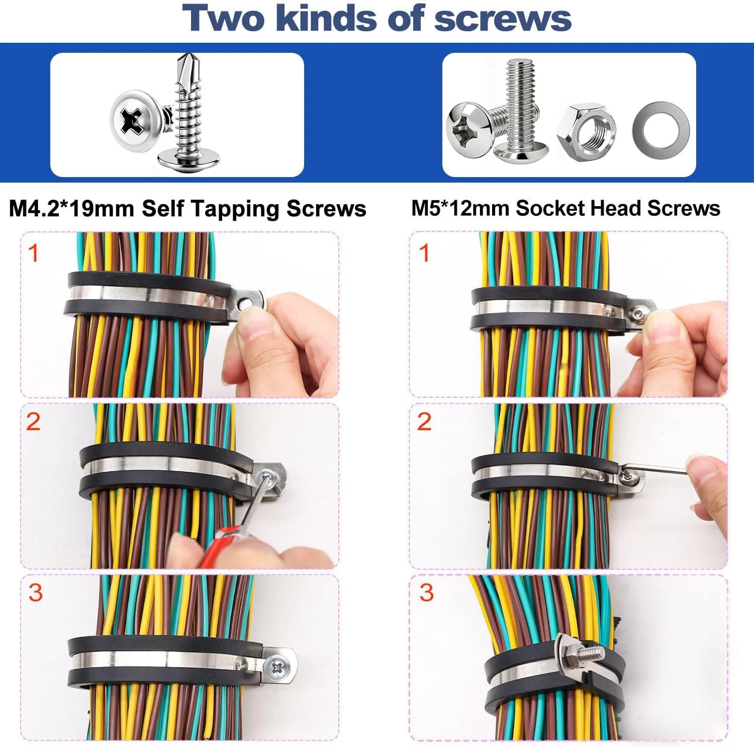 Taiss 222PCS Cable Clamps Assortment Kit 304 Stainless Steel Rubber Cushion Pipe
