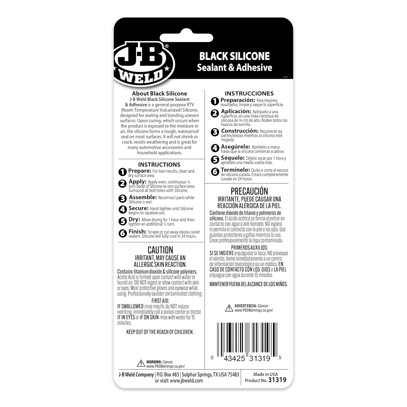 J-B Weld 31319 Black RTV Silicone Sealant Adhesive 3 oz Waterproof