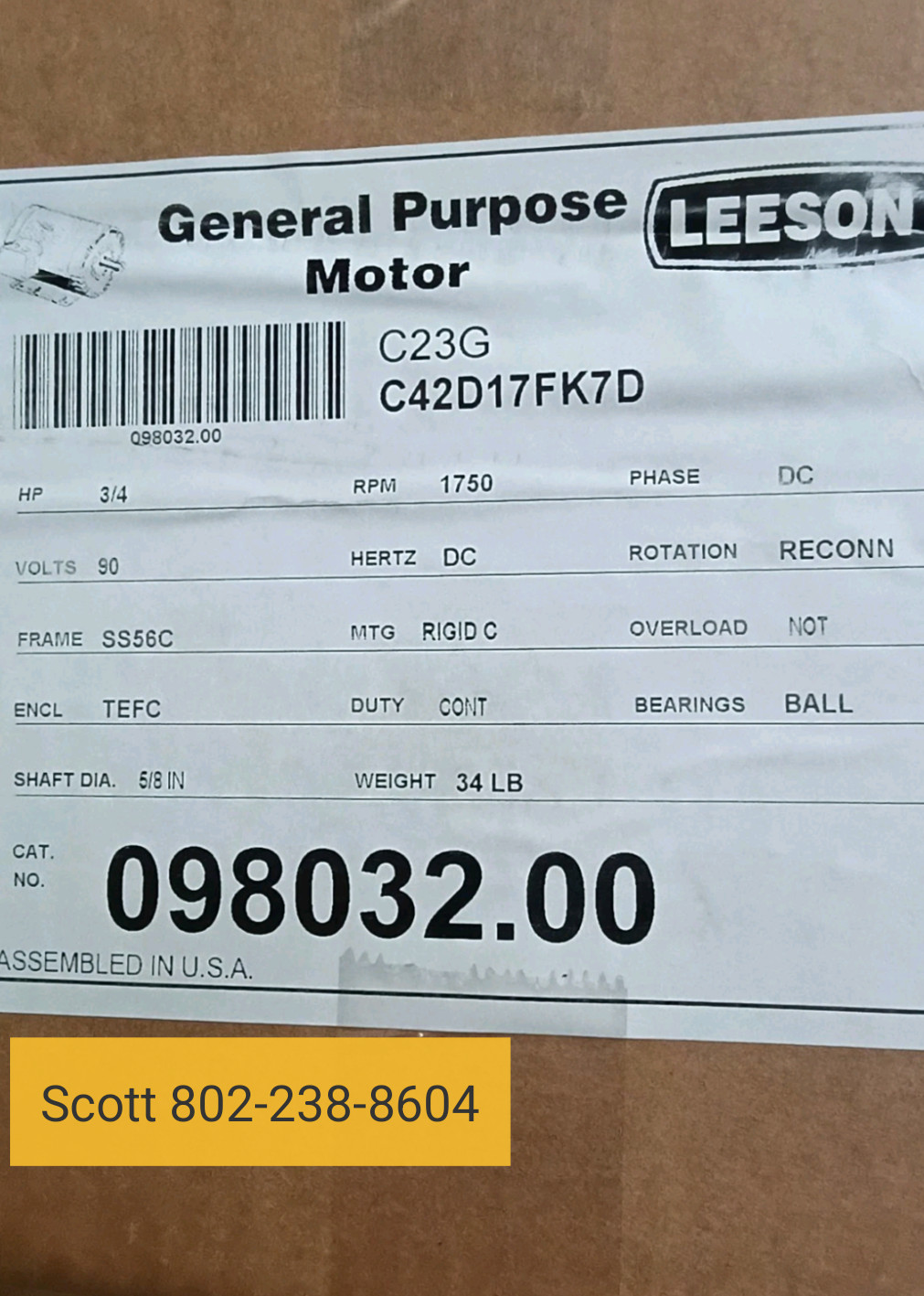 Leeson 098032.00, 56C Frame, C-Face , 3/4HP, 1750 RPM,90VDC, DC Motor