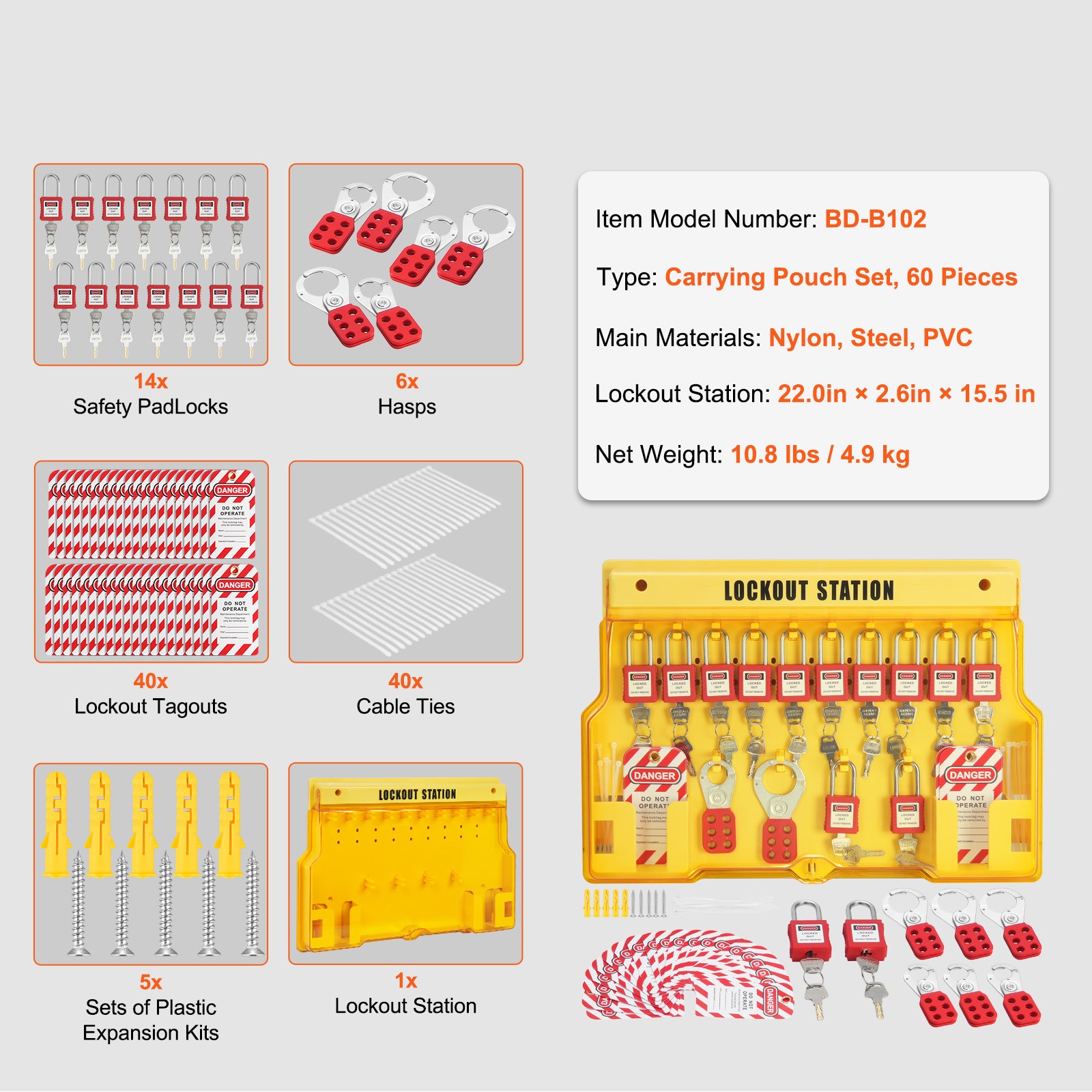 Uimoso 60PCS Electrical Lockout Tagout Kit Safety Padlocks Hasps Tags Ties Board