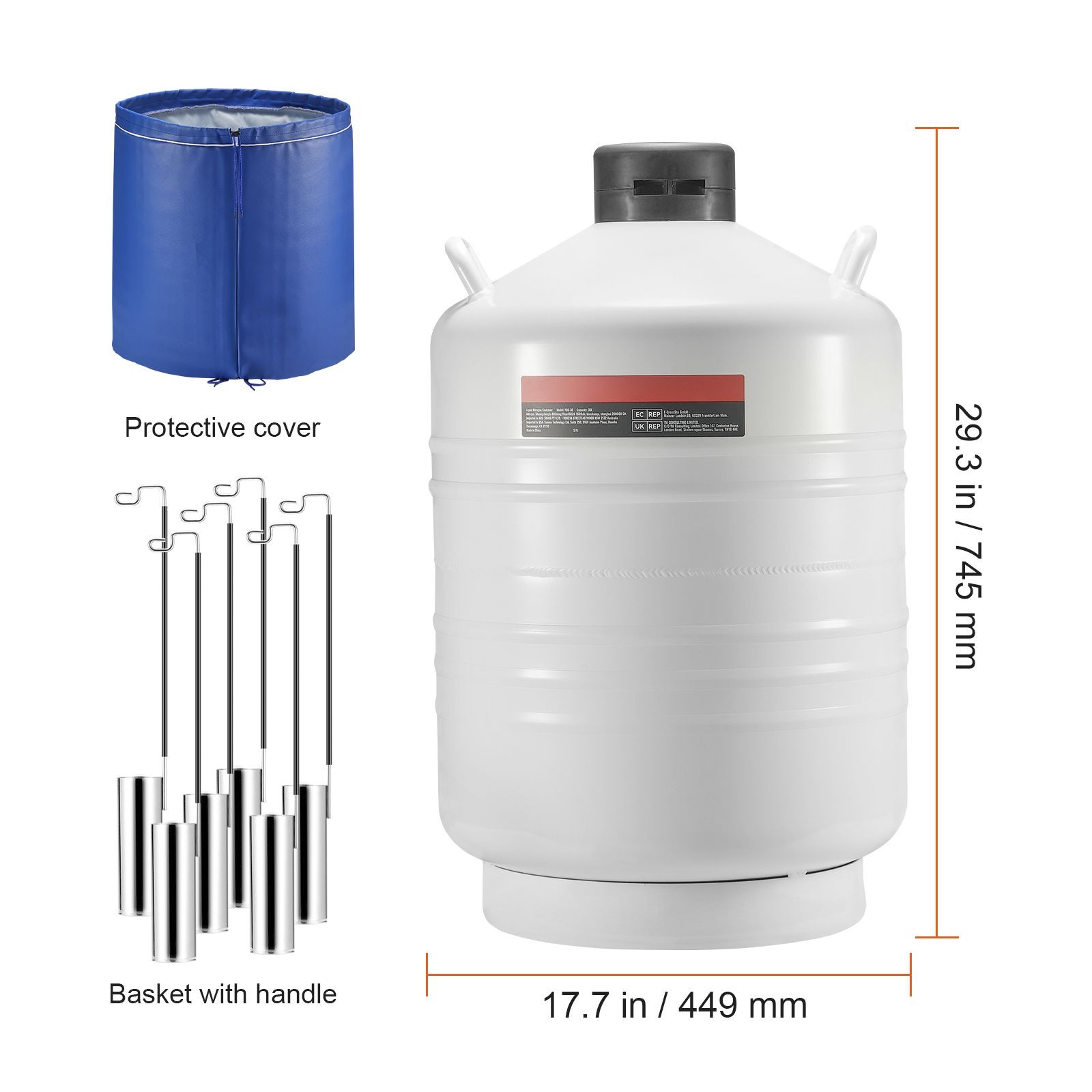 30L Vacuum Insulated Aluminum LN2 Dewar w/6 Canisters & Carry Bag