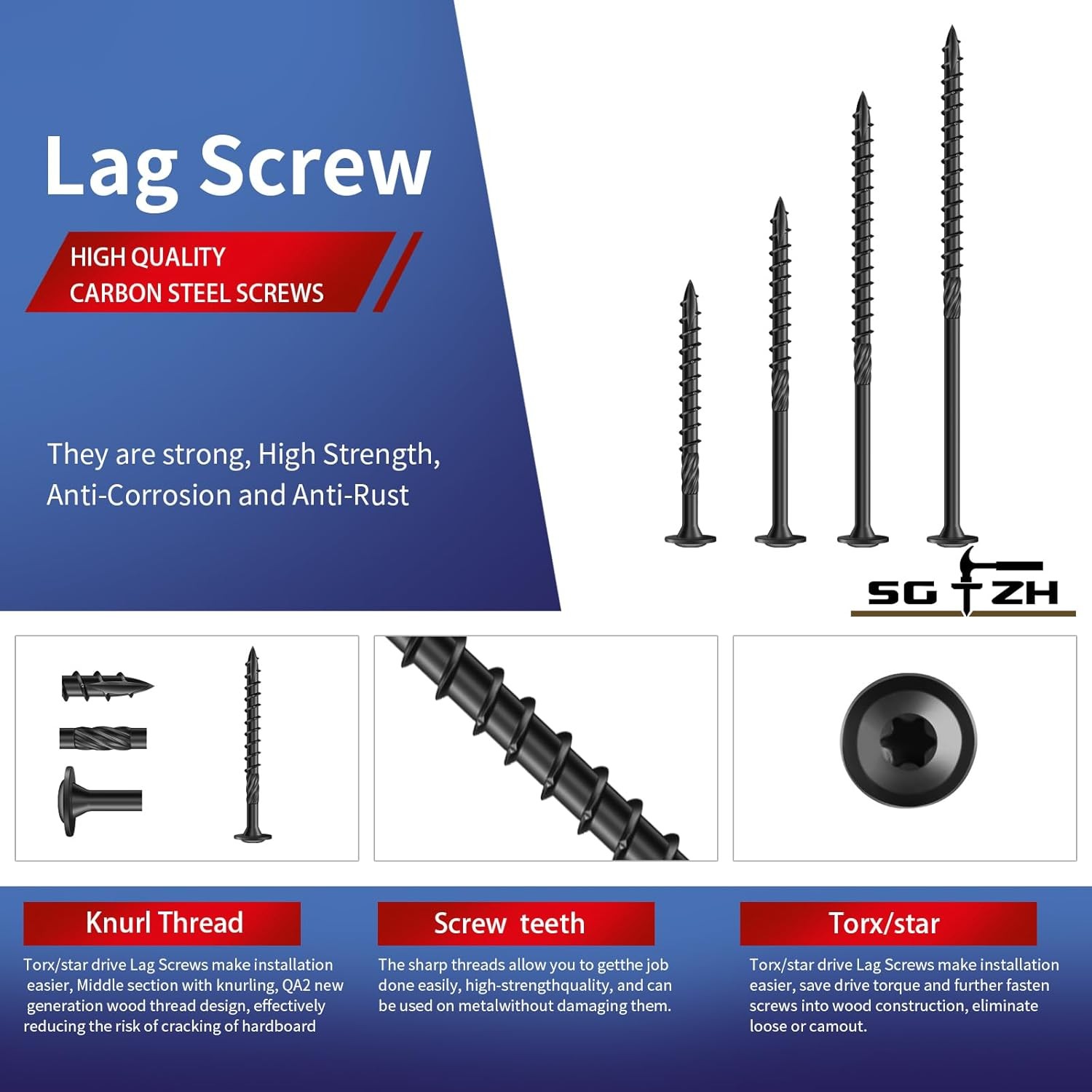 #14 X 5 Inch Lag Screws (57Pcs) 2Lb. Structural Wood Screw, Black, Carbon Steel