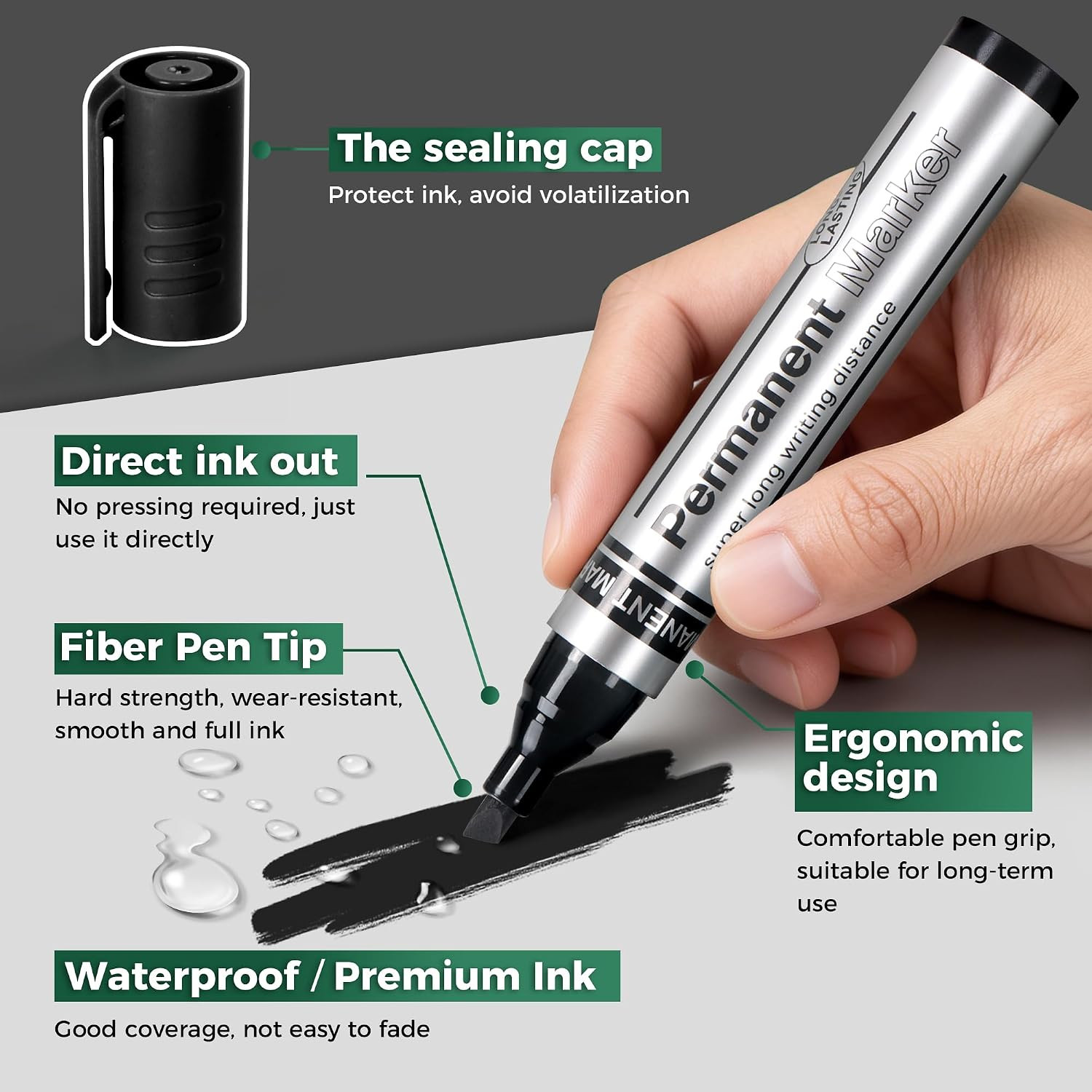 Large Permanent Markers Black Red Blue Green – 12 Pack Chisel Tip Waterproof Qui