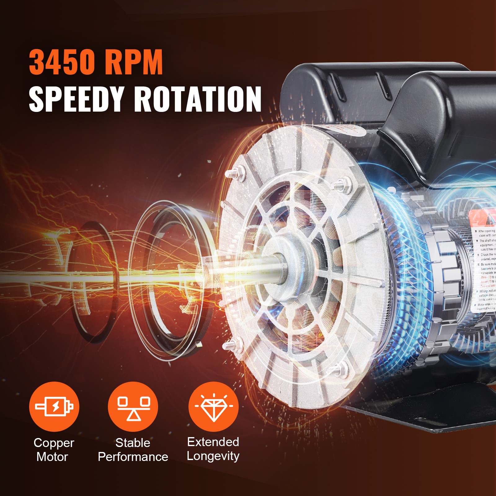 VEVOR 2HP SPL Air Compressor Motor 115/230V 20/10A 3450RPM 56 Frame CW Rotation