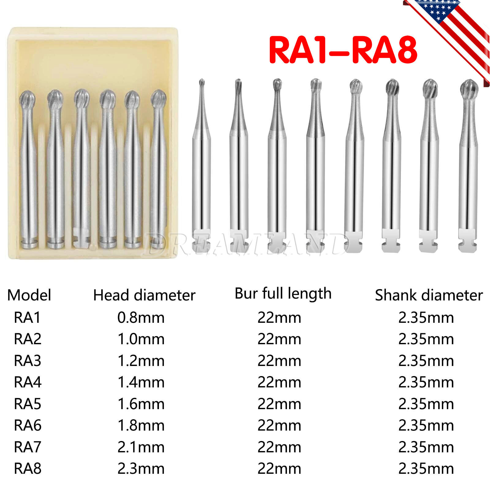 Dental Round Latch Carbide Bur RA 1 2 3 4 5 6 7 8 Midwest For Slow Low Speed