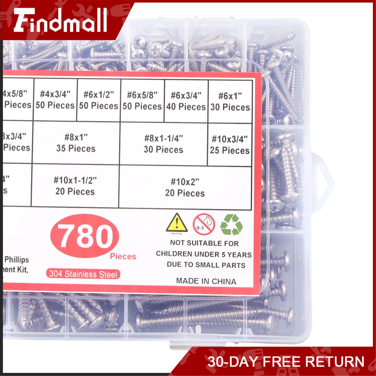 Findmall 780 PCS Pan Head Sheet Metal Screws Assortment Kit #4#6#8#10 Stainless