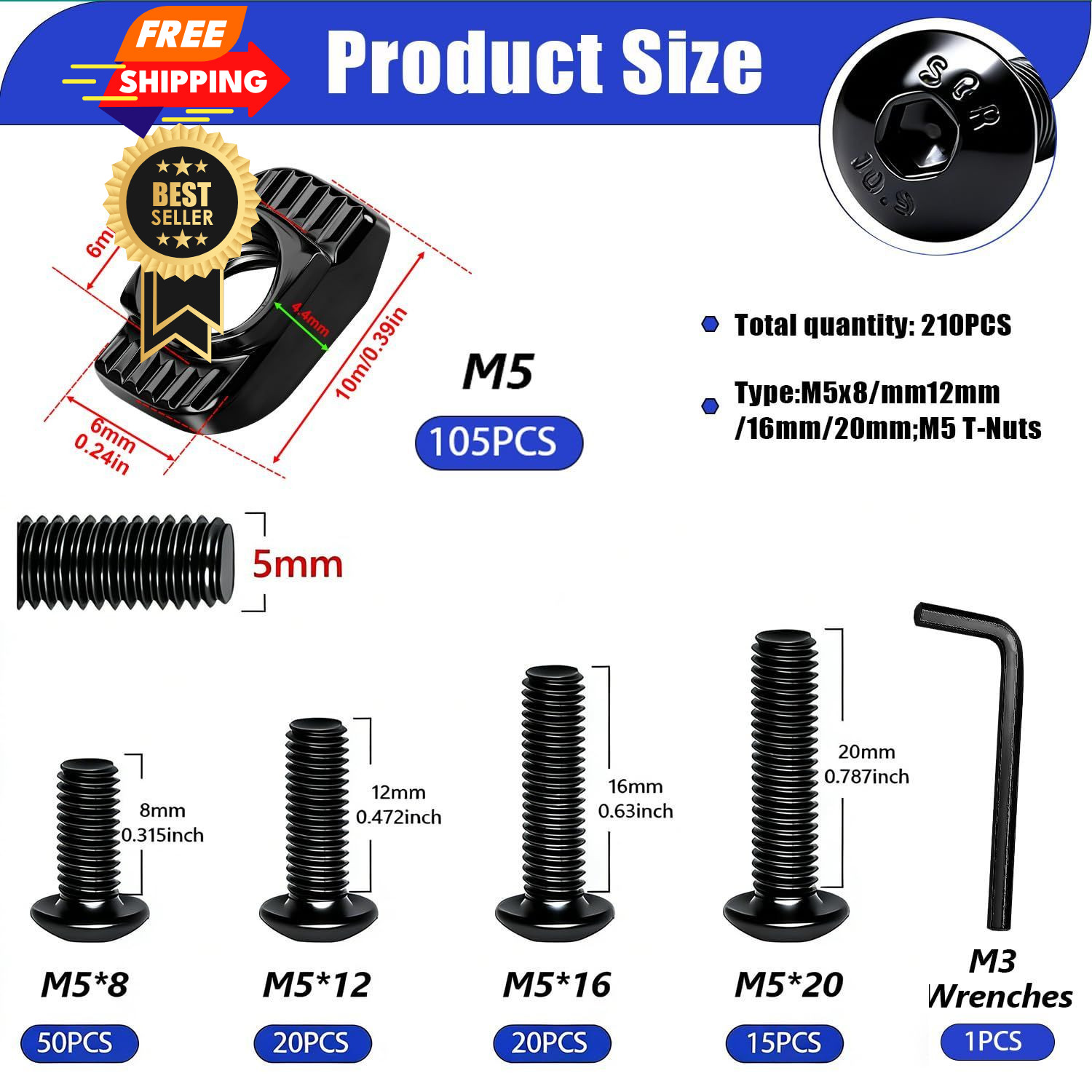 Taiss 210PCS M5 T-Nuts and Bolts Kit for Screw Kit, Black
