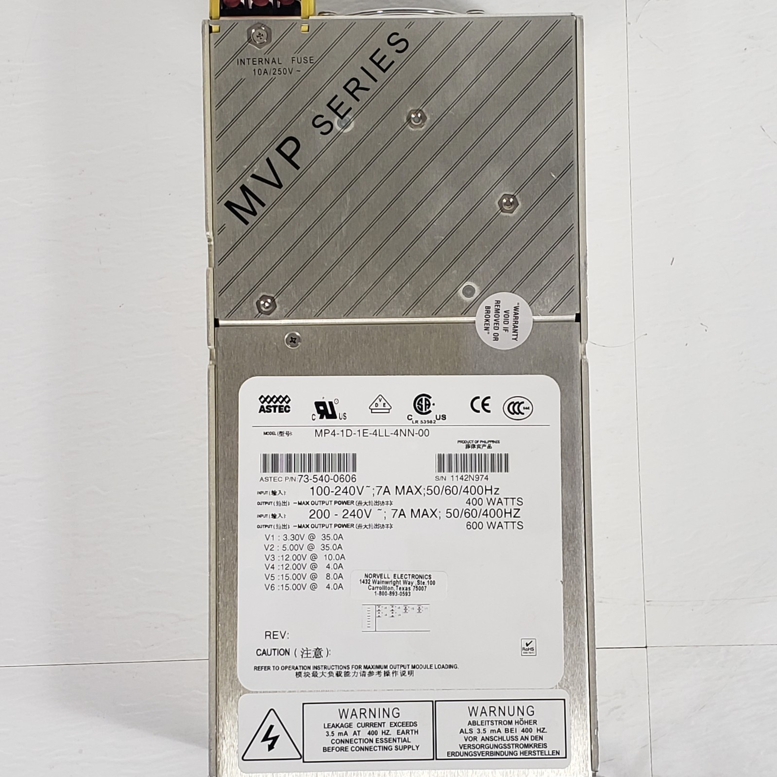ASTEC MP4-1D-1E-4LL-4NN-00 6-Output Modular Power Supply 400W/600W