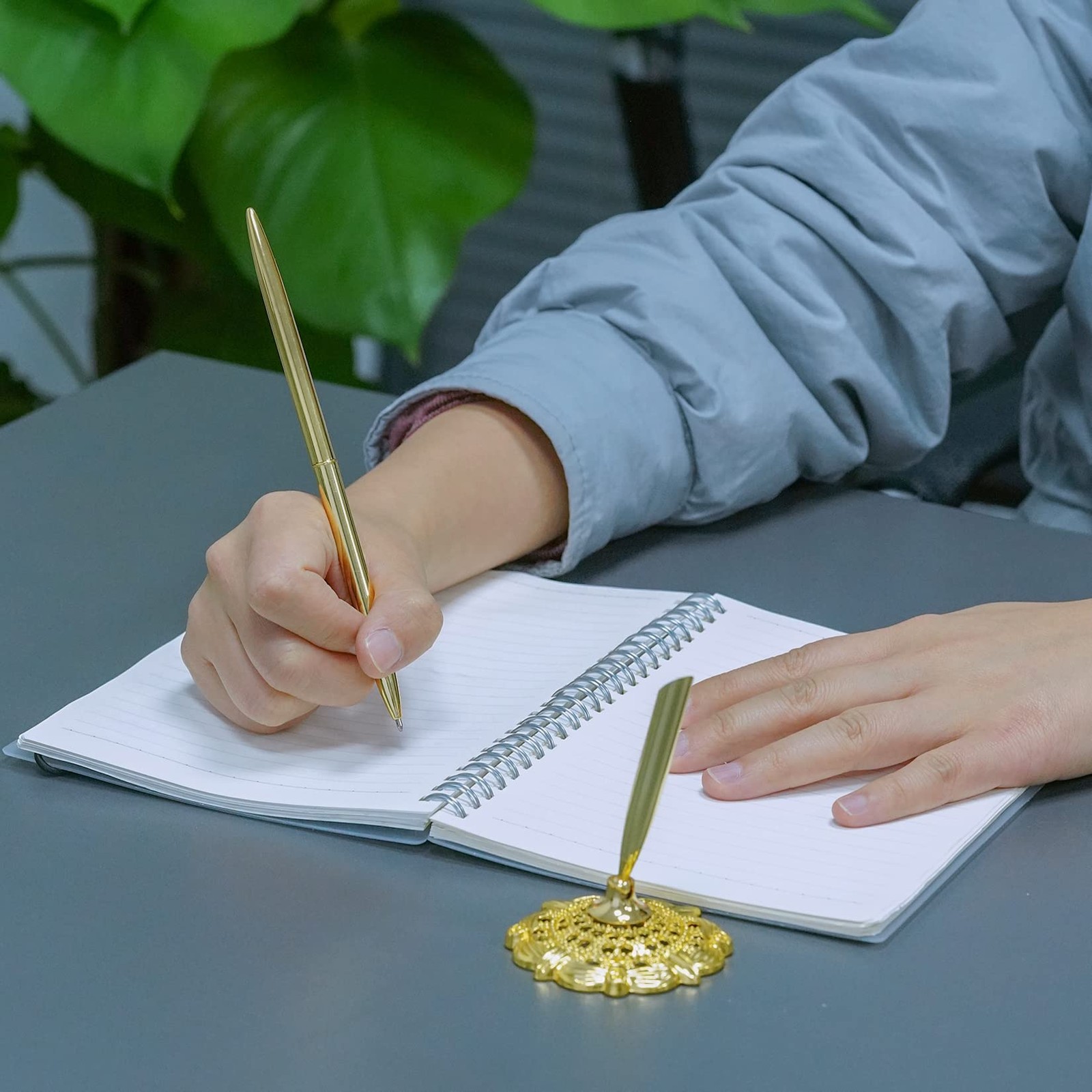 2Pcs Gold Wedding Pen and Metal Pen Stand Holder Set Signing Desk Ballpoint Pens