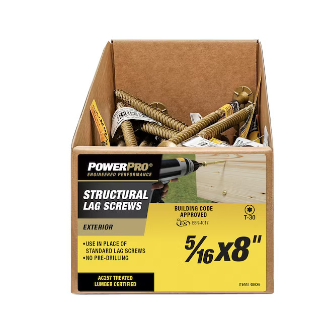 Power Pro 48926 Structural Lag Screws 5/16 x 8″, T-30 Box of 30