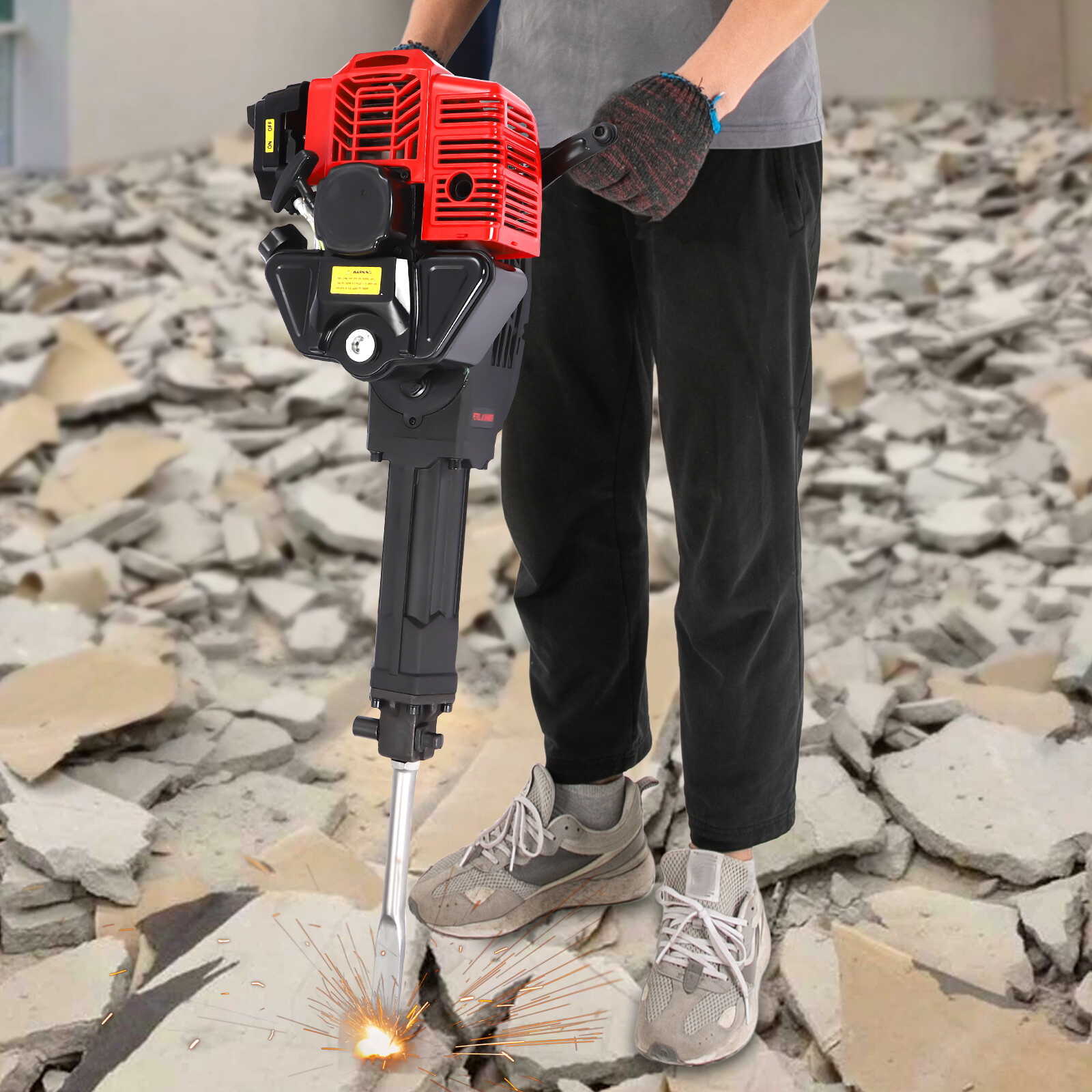55J Gasoline?Powered Demolition Jack Hammer Concrete Breaker w/ 2 Chisel Bits