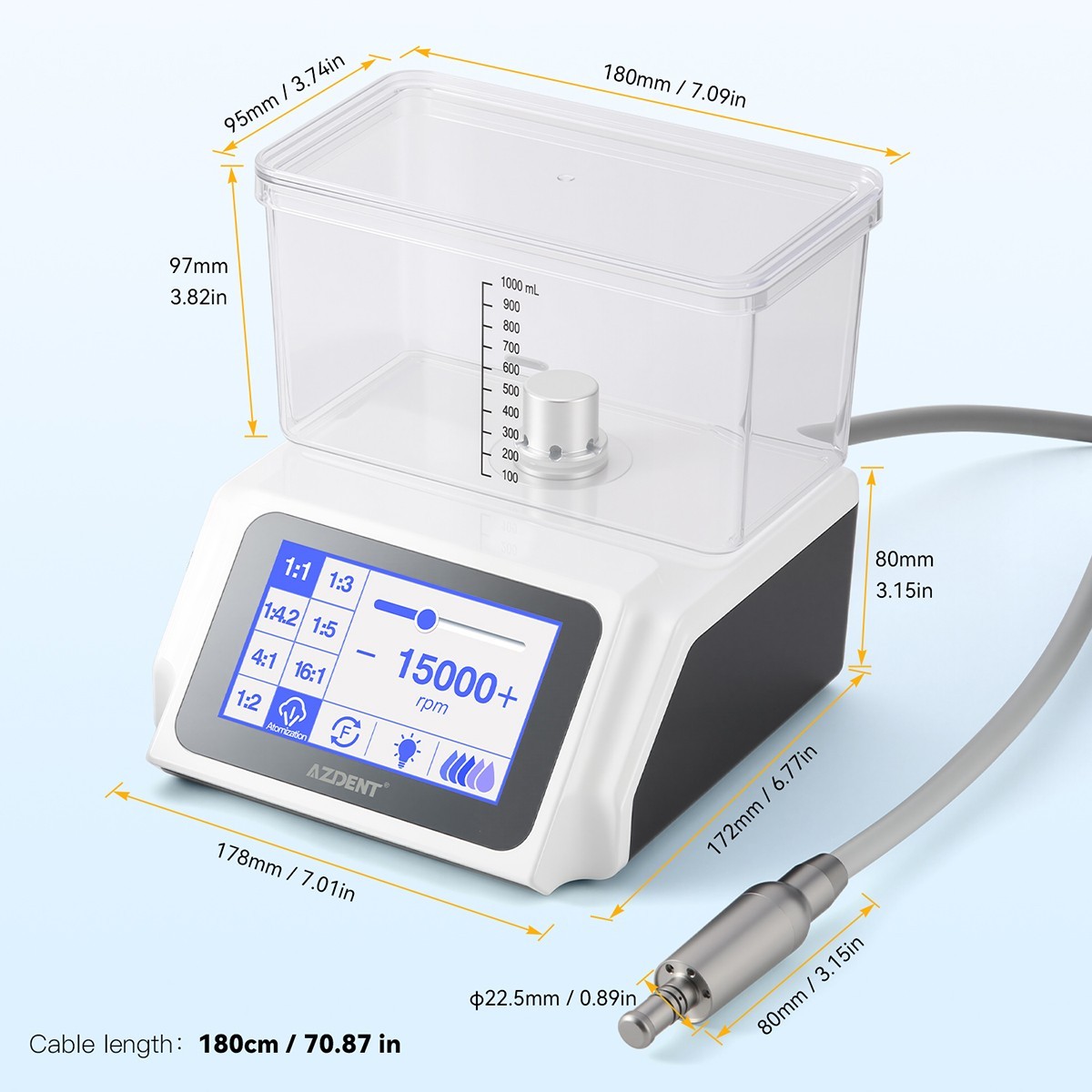 AZDENT Dental Electric LED Micro Motor Brushless / LED 1:5 Increase Contra Angle