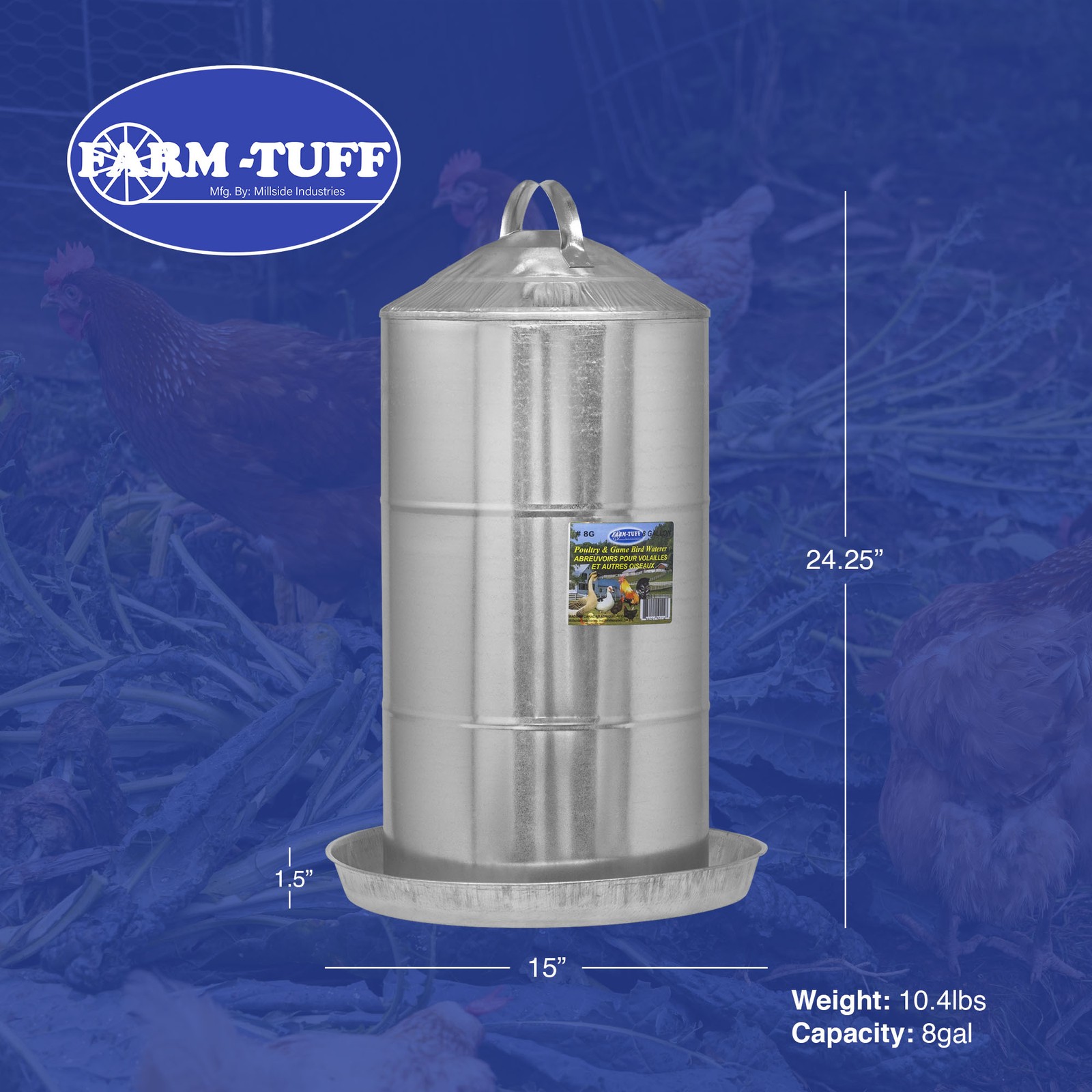 FARM-TUFF Double Wall Cone Top Galvanized Poultry Fountain, 8 Gallon Capacity