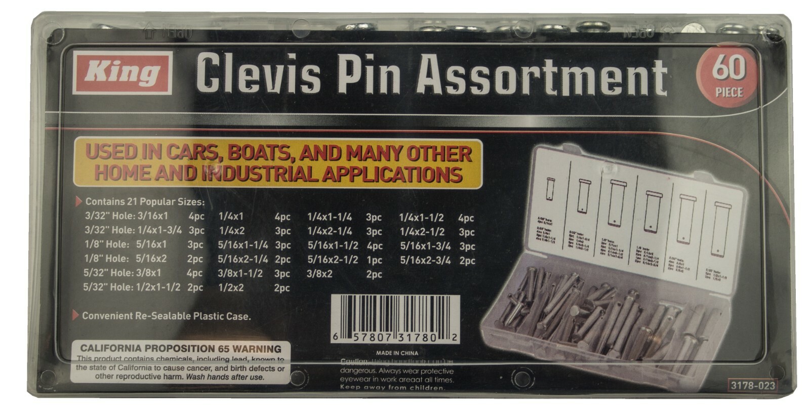 60pc Clevis Pin Assortment 21 Different Sizes in Storage Case Kit
