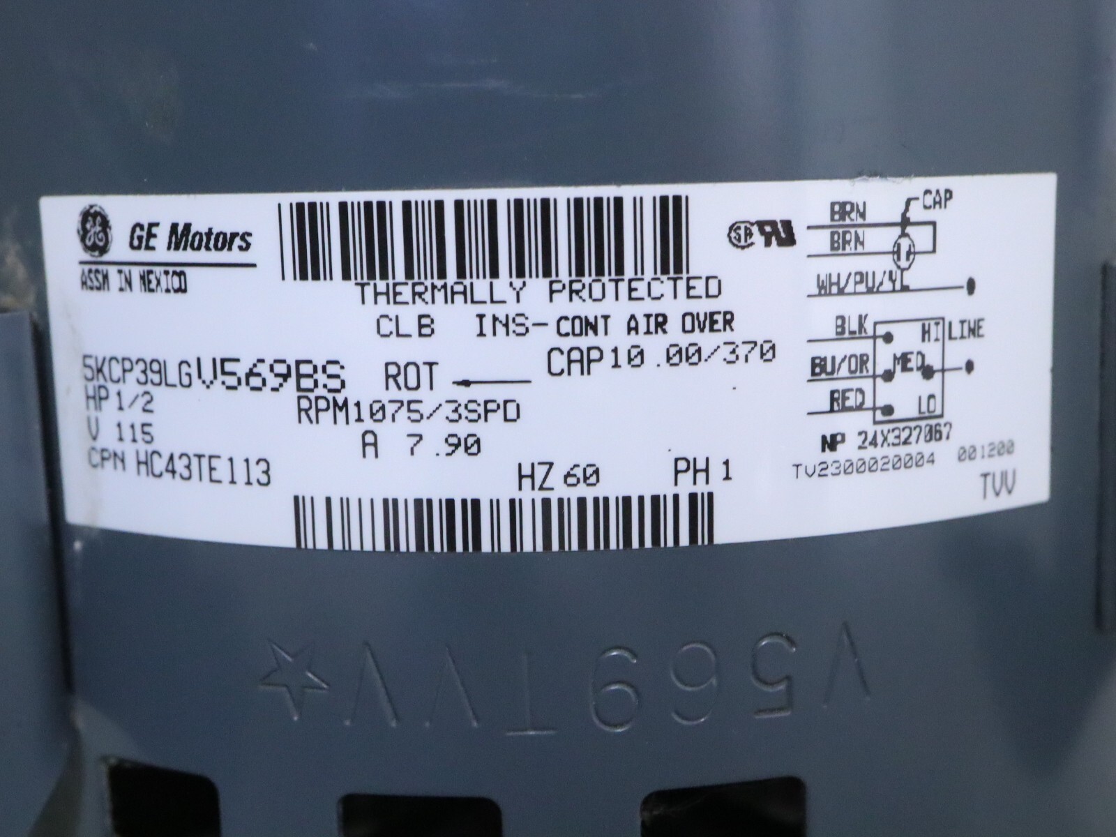GE Genteq Motors 5KCP39LGV569BS Blower Motor 1/2HP 1075RPM 3SPD 115V HC43TE113