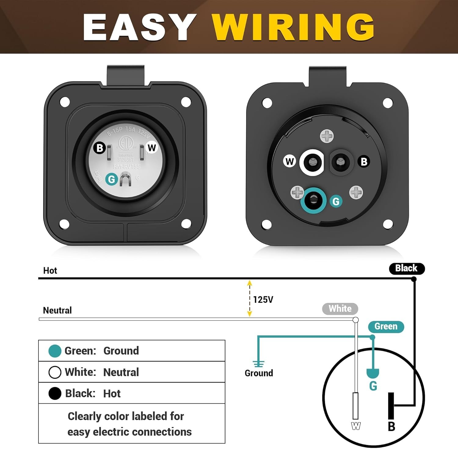15 Amp AC Inlet Plug Marine RV Electrical Port Waterproof Cover Outdoor