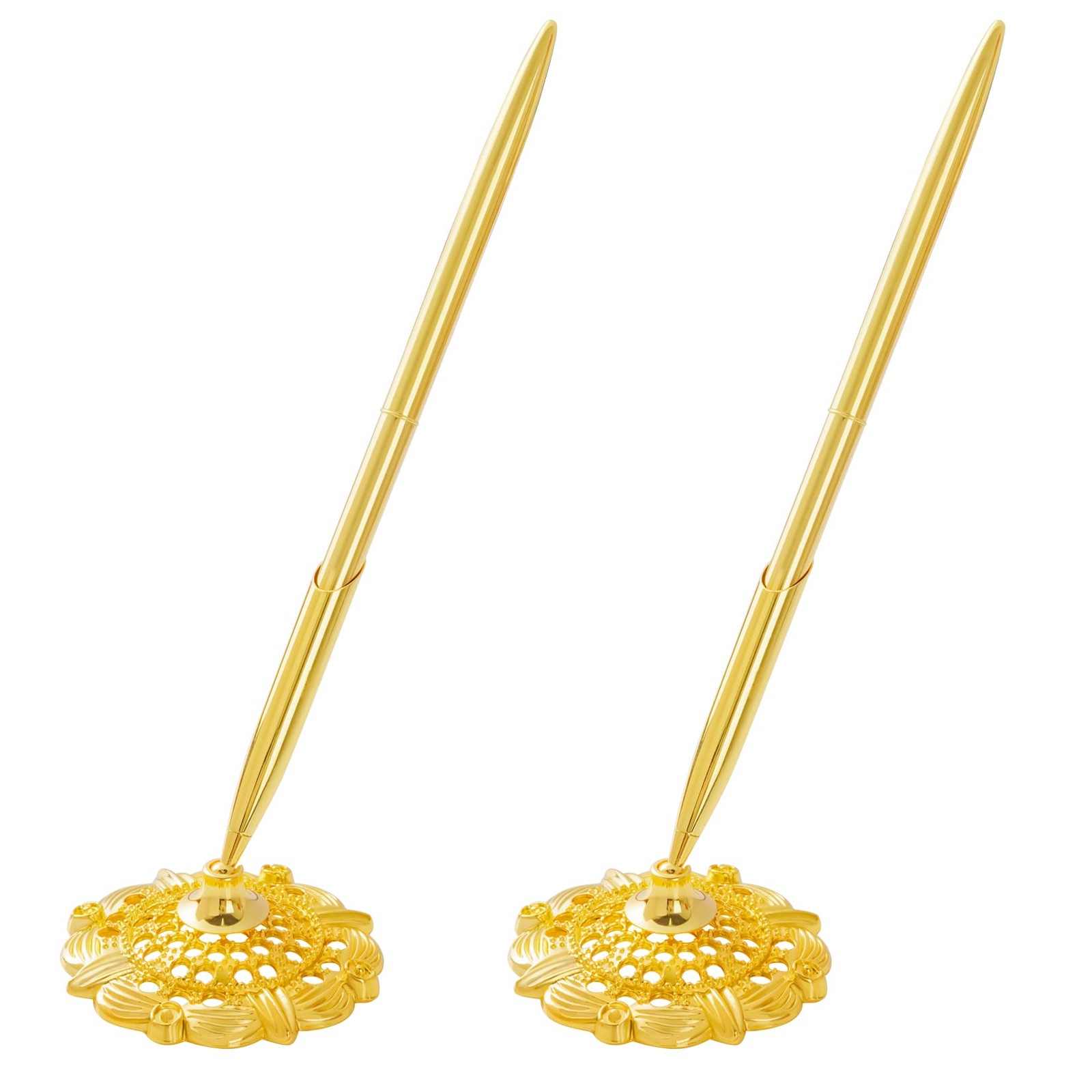 2Pcs Gold Wedding Pen and Metal Pen Stand Holder Set Signing Desk Ballpoint Pens