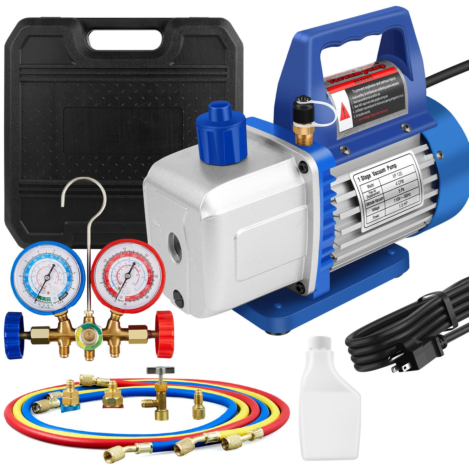 AC Manifold Gauge Set 3 Ways Vacuum Pump HVAC Kit 4CFM 1/3HP Refrigeration Oil
