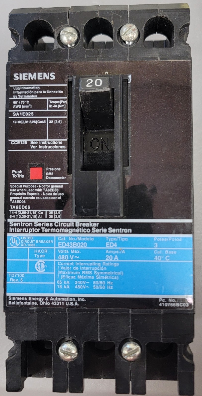 Siemens ED43B020 20 Amps Circuit Breaker TESTED (Pre-Owned)