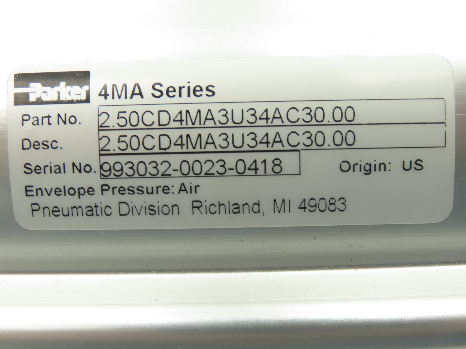 Parker 2.50CD4MA3U34AC30.00 Pneumatic Cylinder 2.5″ Bore x 30″ Stroke 250 PSIG