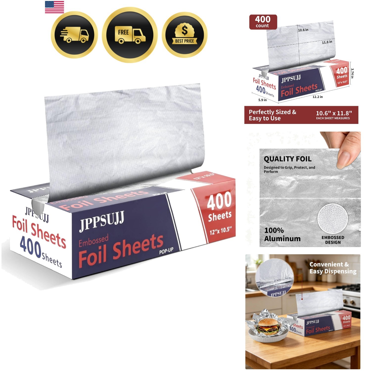 400 Count Aluminum Foil Sheets, Embossed Foil Sheets, 12″ x 10.6″ Heavy-Duty …