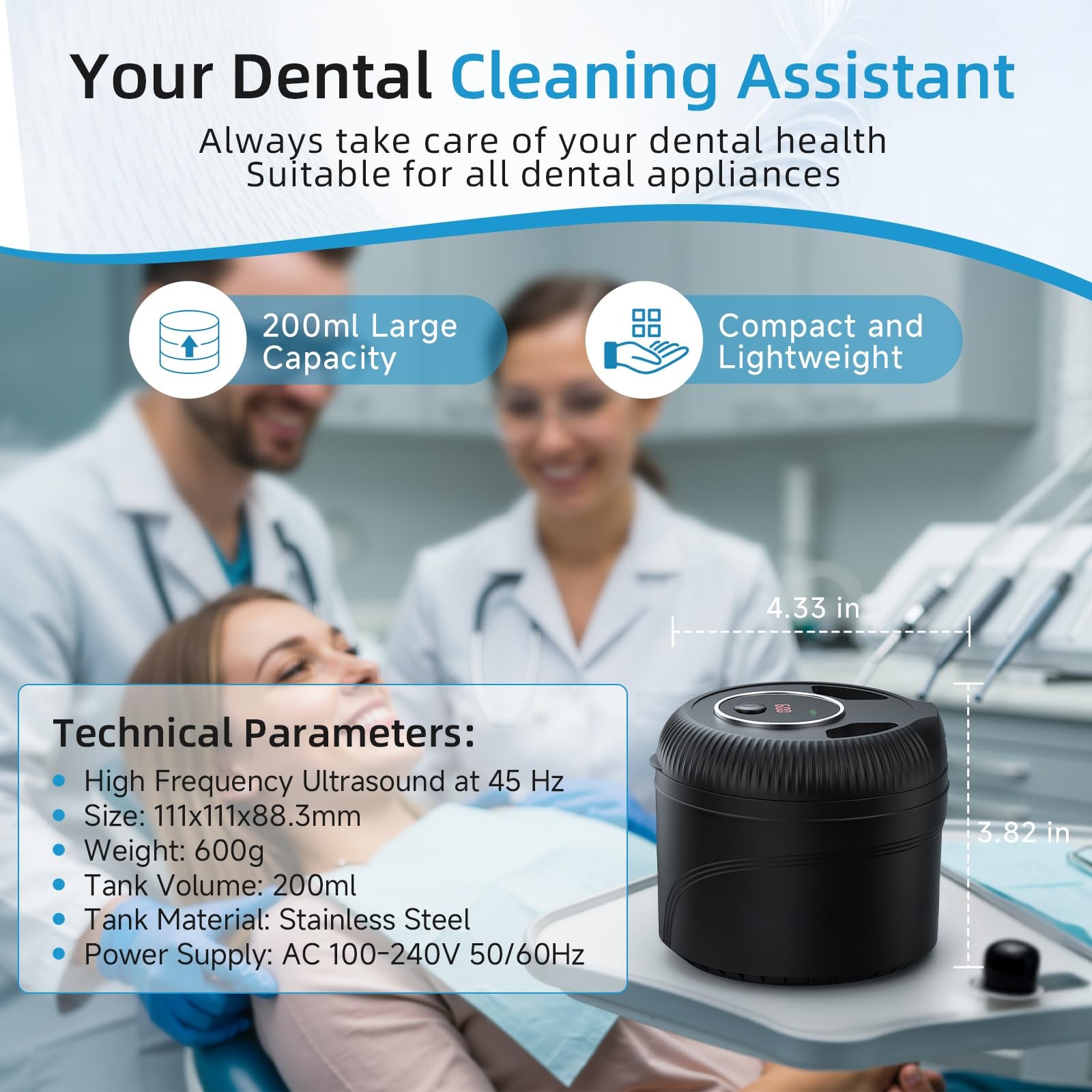 Ultrasonic Retainer Cleaner Machine, 45kHz Dental 4.33×4.33×3.82 Inch, black