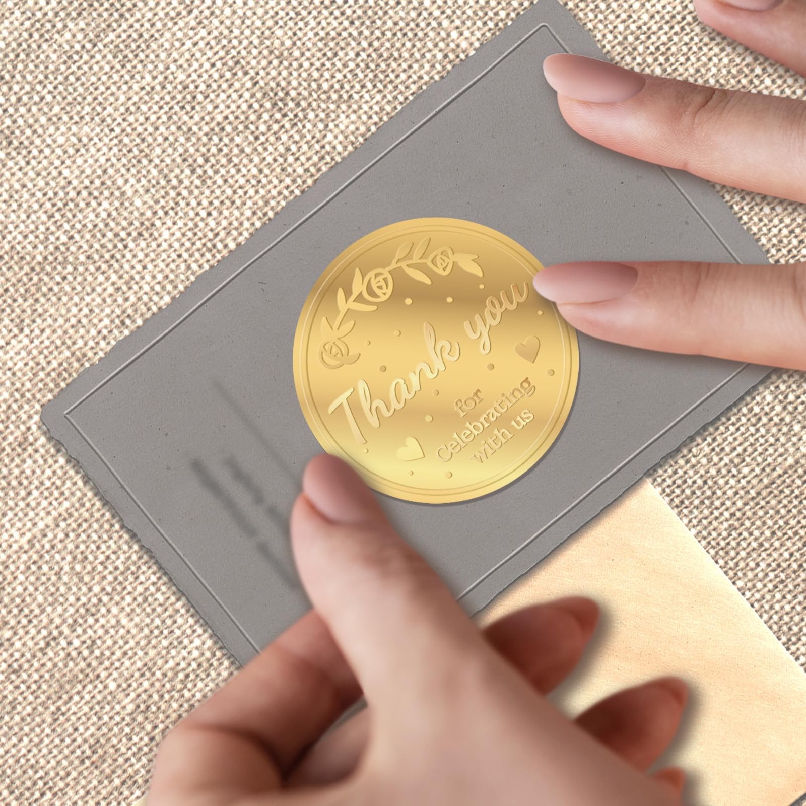 100 x Thank You for Celebrating with us Favor Stickers Labels, Gold Foil