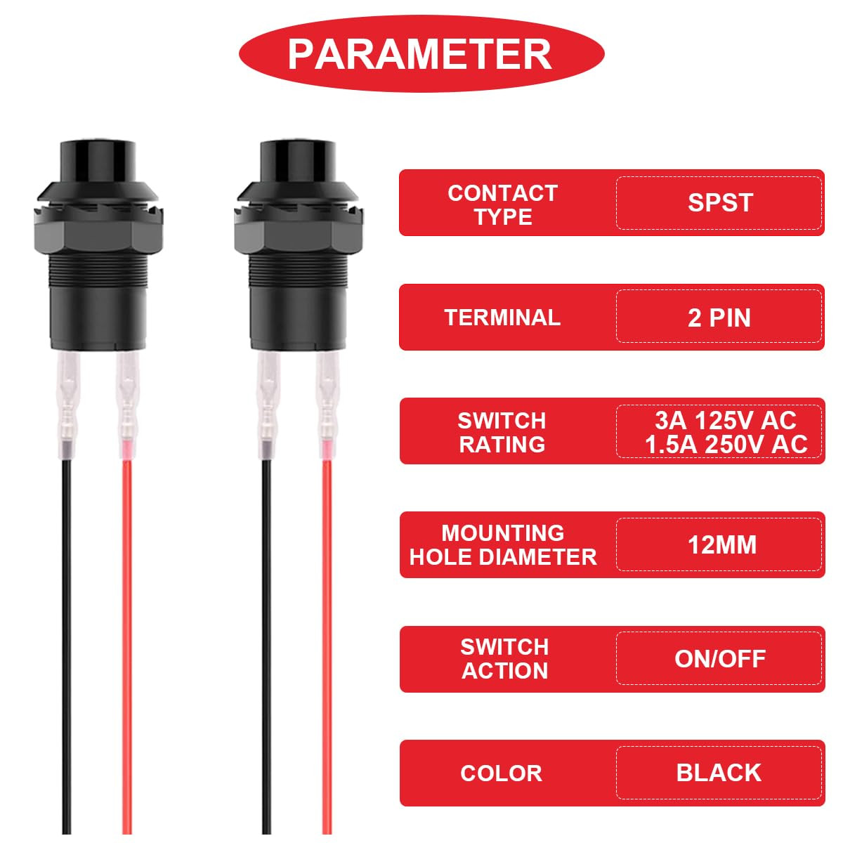 12Pcs 12Mm Black Mini round Latching Push Button Switch AC 250V 1.5A 125V 3A on