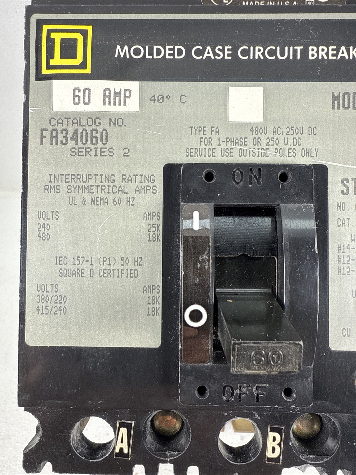 Square D FA34060 Thermal-Magnetic Circuit Breaker, 3-Pole, 60A, 480VAC, 250VDC