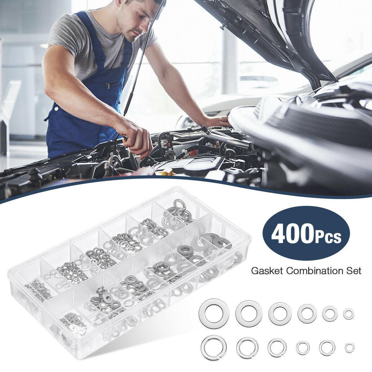 Split Lock and Flat Washer Assortment Set 304 Stainless Steel 400 Piece Silver
