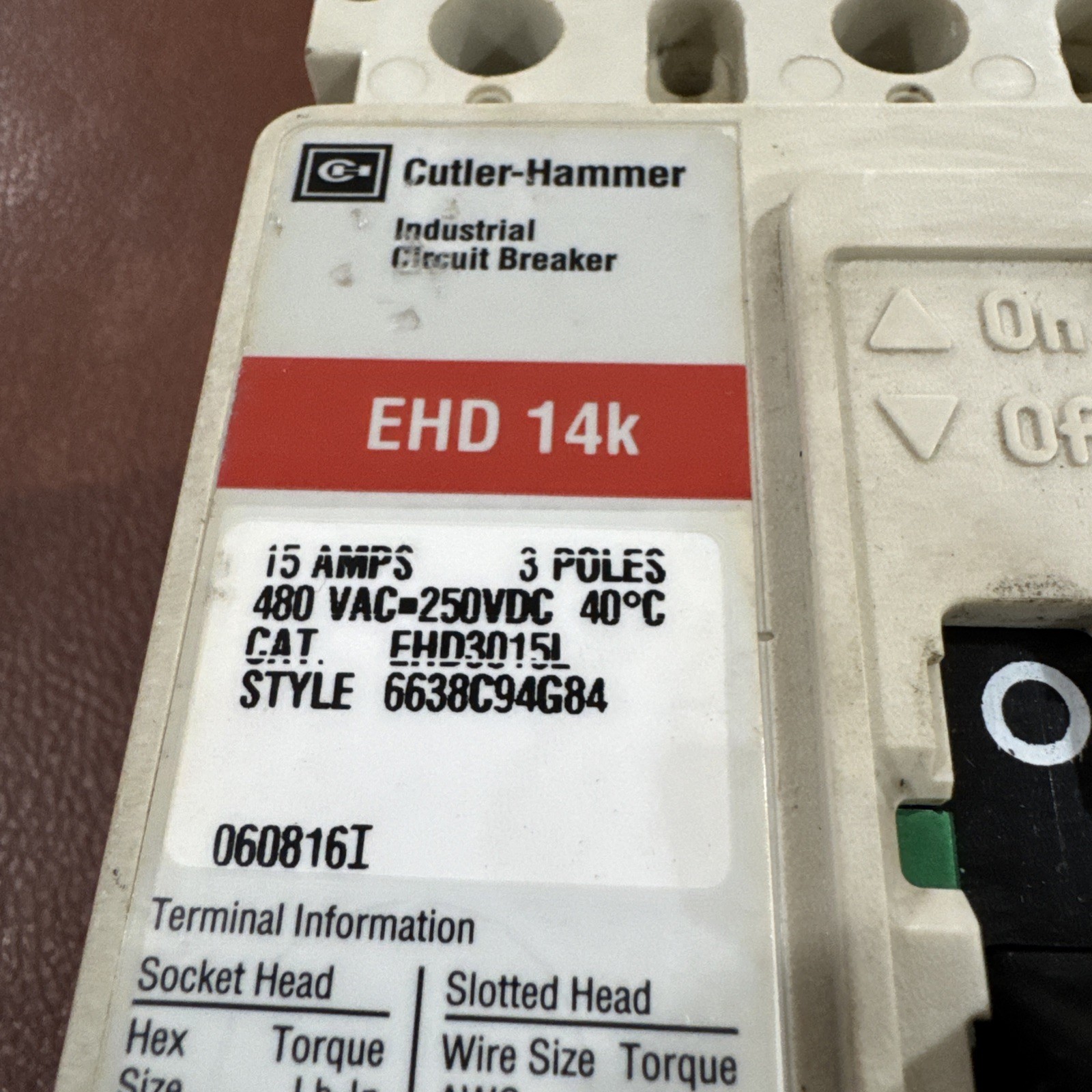 Eaton Cutler Hammer EHD3015L 3P 15A Circuit Breaker 3 Pole 15 Amp 480V EHD 14k